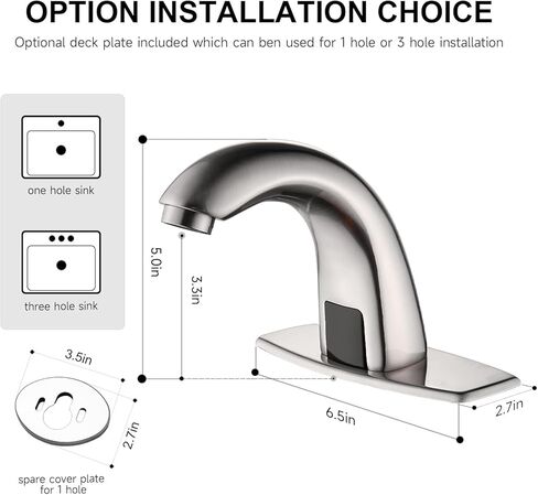 صنبور حوض الحمام الأوتوماتيكي بدون لمس، صنبور الحمام مع لوحة السطح، البطارية أو المكونات الإضافية، مستشعر الحركة التلقائي التجاري، خلاط ساخن وبارد، صنبور نحاسي صلب، فتحة واحدة أو 3 فتحات، كروم in Kuwait