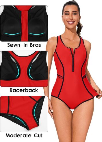 beautyin Women Zipper One Piece Swimsuit Athletic Racerback Bathing Suit with Pockets in Kuwait