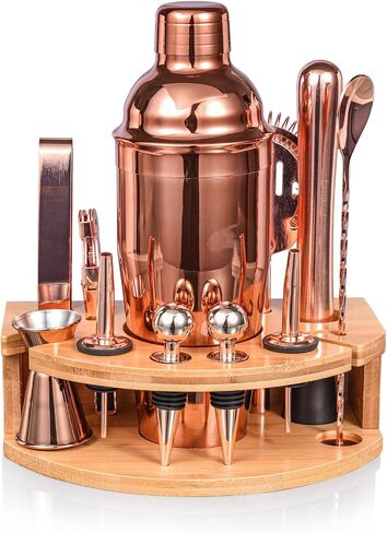 Bartender Kit with Stylish Bamboo Stand, 12 Piece 25oz Cocktail Shaker Set for Mixed Drink, Professional Stainless Steel Bar Tool Set with Cocktail Recipes Bookle, Gift for Man Dad Friend in Saudi Arabia