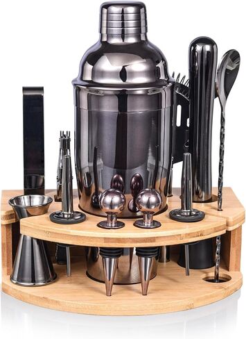Bartender Kit with Stylish Bamboo Stand, 12 Piece 25oz Cocktail Shaker Set for Mixed Drink, Professional Stainless Steel Bar Tool Set with Cocktail Recipes Bookle, Gift for Man Dad Friend in Saudi Arabia