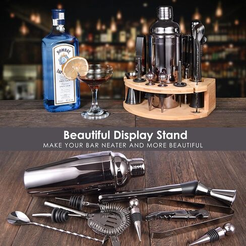Bartender Kit with Stylish Bamboo Stand, 12 Piece 25oz Cocktail Shaker Set for Mixed Drink, Professional Stainless Steel Bar Tool Set with Cocktail Recipes Bookle, Gift for Man Dad Friend in Saudi Arabia