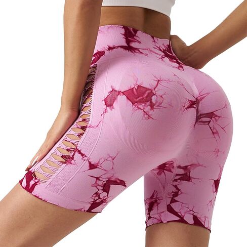 Women's Workout Tie Dye Scrunch Butt Lifting High Waisted Shorts Tummy Control Yoga Gym Seamless Running Biker Shorts in Saudi Arabia