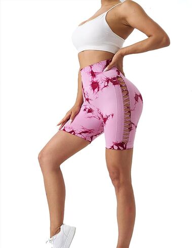 Women's Workout Tie Dye Scrunch Butt Lifting High Waisted Shorts Tummy Control Yoga Gym Seamless Running Biker Shorts in Saudi Arabia