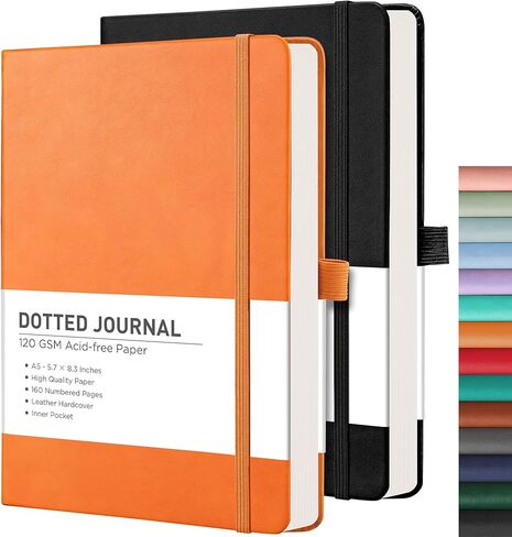 RETTACY Bullet Dotted Journal 2 Pack - A5 Dotted Grid Journal Notebook مع 160 صفحة مرقمة لكل حزمة، 120 جرام في المتر المربع خالي من الأحماض، غلاف جلدي، جيب داخلي، 5.7 بوصة × 8.3 بوصة (أسود وبني) in Kuwait
