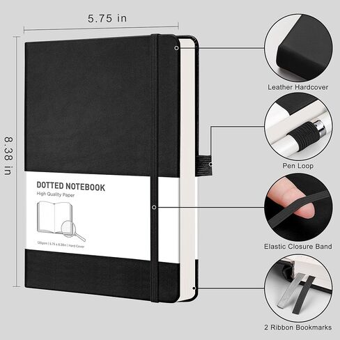 RETTACY Bullet Dotted Journal 2 Pack - A5 Dotted Grid Journal Notebook مع 160 صفحة مرقمة لكل حزمة، 120 جرام في المتر المربع خالي من الأحماض، غلاف جلدي، جيب داخلي، 5.7 بوصة × 8.3 بوصة (أسود وبني) in Kuwait