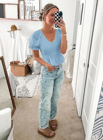 قمصان MIHOLL Peplum للنساء صيفية لطيفة قصيرة بيبي دول بأكمام منتفخة بلوزات أنيقة غير رسمية بأكمام قصيرة ورقبة على شكل V in Kuwait