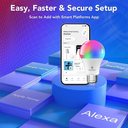 PARTPHONER Matter Smart LED Light Bulb Work with Google Home/Alexa/Apple Home/SmartThings/Siri, A19 E26 800LM Color Changing Light Bulb with Music Sync, Smart Home Integration, 2.4Ghz WiFi 2 Pack in Saudi Arabia