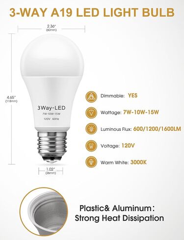 DORESshop 3 Way Light Bulbs, 3 Way LED Light Bulbs 50 100 150W Equivalent, A19 LED Light Bulbs, Three Way Light Bulbs E26 Medium Base, Soft White 3000K, 600lm-1200lm-1600lm, 2Pack in Saudi Arabia