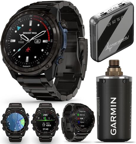 Wearable4U Garmin Descent Mk3 & Mk3i 51 مم و43 مم، كمبيوتر غوص من التيتانيوم + حزام طويل جدًا | عمر بطارية يصل إلى 25 يومًا، شاشة AMOLED، حزمة هدايا ساعة ذكية بنظام تحديد المواقع العالمي (010-02752-10) in Kuwait