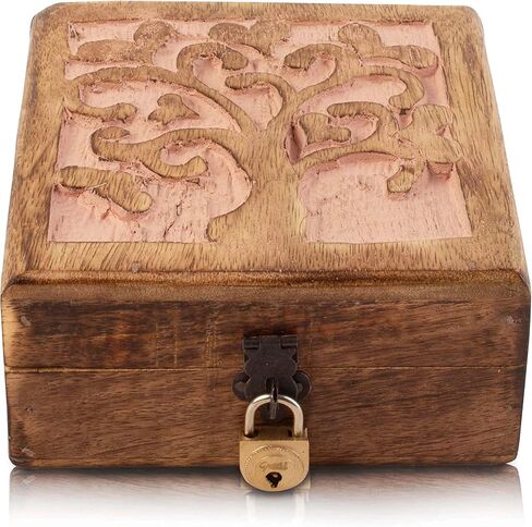 Great Birthday Gift Handmade Decorative Wooden Jewelry Box With Tree Of Life Carving & Lock & Key Jewelry Organizer Keepsake Box Treasure Chest Trinket Holder Watch Box Storage Lock Box (Pink) in Saudi Arabia