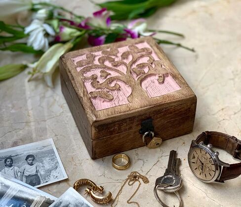 Great Birthday Gift Handmade Decorative Wooden Jewelry Box With Tree Of Life Carving & Lock & Key Jewelry Organizer Keepsake Box Treasure Chest Trinket Holder Watch Box Storage Lock Box (Pink) in Saudi Arabia