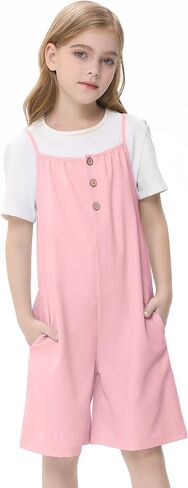 LIONJIE Girl's Sleeveless Jumpsuits Spaghetti Strap Loose Romper Summer Short Pants with Pockets 3-12 Years in Saudi Arabia
