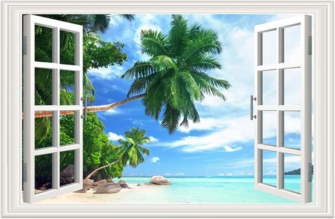 Seascape Faux Window Wall Mural 3D Self-Adhesive Fake Window Wall Stickers Mount Fuji in The Distance Window Poster Removable Peel and Stick Sea Wave Natural Landscape Home Wall Decoration in Saudi Arabia