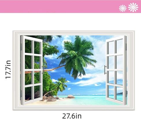 Seascape Faux Window Wall Mural 3D Self-Adhesive Fake Window Wall Stickers Mount Fuji in The Distance Window Poster Removable Peel and Stick Sea Wave Natural Landscape Home Wall Decoration in Saudi Arabia