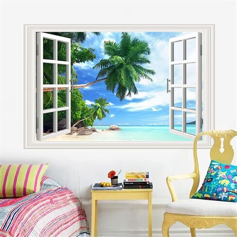 Seascape Faux Window Wall Mural 3D Self-Adhesive Fake Window Wall Stickers Mount Fuji in The Distance Window Poster Removable Peel and Stick Sea Wave Natural Landscape Home Wall Decoration in Saudi Arabia