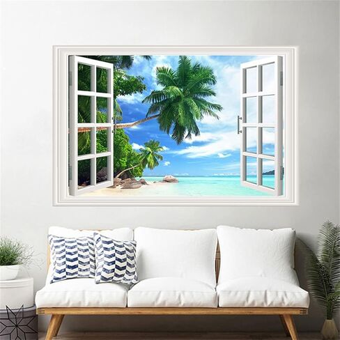 Seascape Faux Window Wall Mural 3D Self-Adhesive Fake Window Wall Stickers Mount Fuji in The Distance Window Poster Removable Peel and Stick Sea Wave Natural Landscape Home Wall Decoration in Saudi Arabia
