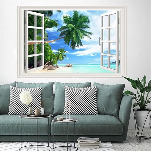 Seascape Faux Window Wall Mural 3D Self-Adhesive Fake Window Wall Stickers Mount Fuji in The Distance Window Poster Removable Peel and Stick Sea Wave Natural Landscape Home Wall Decoration in Saudi Arabia