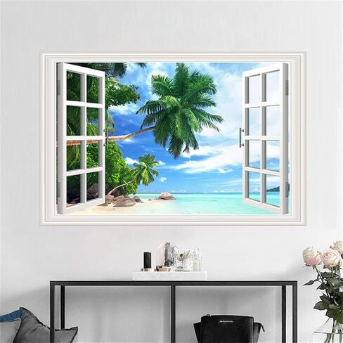 Seascape Faux Window Wall Mural 3D Self-Adhesive Fake Window Wall Stickers Mount Fuji in The Distance Window Poster Removable Peel and Stick Sea Wave Natural Landscape Home Wall Decoration in Saudi Arabia