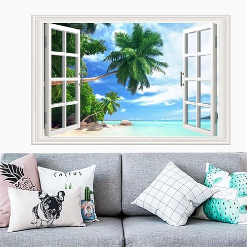 Seascape Faux Window Wall Mural 3D Self-Adhesive Fake Window Wall Stickers Mount Fuji in The Distance Window Poster Removable Peel and Stick Sea Wave Natural Landscape Home Wall Decoration in Saudi Arabia