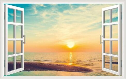 Seascape Faux Window Wall Mural 3D Self-Adhesive Fake Window Wall Stickers Mount Fuji in The Distance Window Poster Removable Peel and Stick Sea Wave Natural Landscape Home Wall Decoration in Saudi Arabia