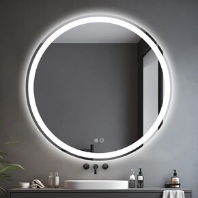 35" Round LED Bathroom Mirror, Smart Anti-Fog Dimmable Shatterproof Mirror with Memory Function 3 Color Adjustable Wall Mounted Makeup Shaving Vanity Circle Mirror for Bedroom Hair Salon