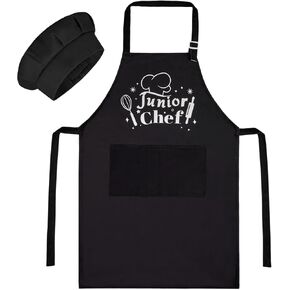 MHJY Kids Apron and Chef Hat for Boys Dinosaur Child Aprons with Pockets,Adjustable Child Apron for Cooking Baking Painting,Navy-Yellow,Small (3-7 Years)