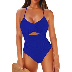 LaSuiveur Women's One Piece Swimsuit V Neck Cutout Tummy Control Lace Up Back Sexy Monokini Bathing Suits