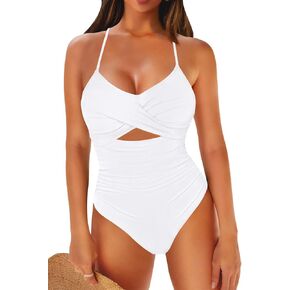 LaSuiveur Women's One Piece Swimsuit V Neck Cutout Tummy Control Lace Up Back Sexy Monokini Bathing Suits