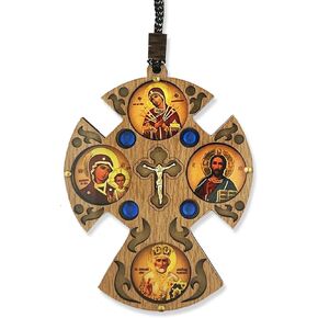 Needzo Wall Car Cross On Rope Crucifix With 4 Icons Virgin Mary Jesus Christ Saint Nicholas Virgin of Kazan 3 1/2 Inch
