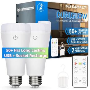 DualGlow Rechargeable Light Bulbs with Remote, Lamp Socket + USB Rechargeable Battery Light Bulb,Up to 50 Hours, 3 Color Temperatures and Dimmable Battery Operated Light Bulb, 2 Pack