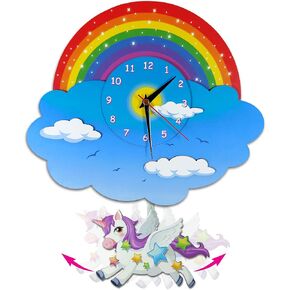 Unicorn Rainbow Pendulum Wall Clock, Three-dimensional view Kids Analog Swinging Clock, 3D MDF Wooden Kids Wall Clock, Children Wall Clocks for Bedroom, Wall Clock Disney, Clock for Girls Room.