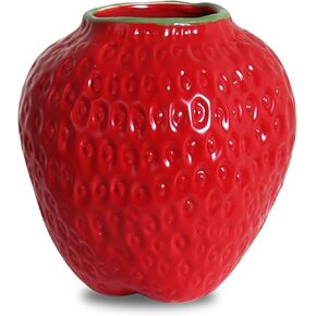 Strawberry Ceramic Flower Vase, Giant Decorative Cute Fruit Ornament Vase for Flower Arrangement, Unique for Modern Vintage Home Kitchen Office Decor Centerpiece, Large Pink