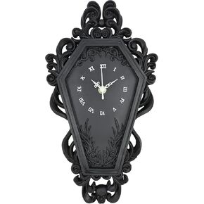 Coffin Wall Clock - Gothic Home Decor - Baroque Black Resin - Steampunk Skull - Medium Size - AA Battery NOT Included
