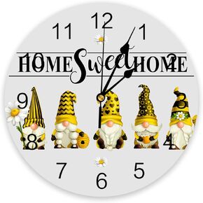 Silent PVC Wall Clock 10 Inch Round Wall Clock Gnomes Summer Daisy Bee Hanging Clock for Kitchen Non Ticking Battery Operated Living Room Mute Clock