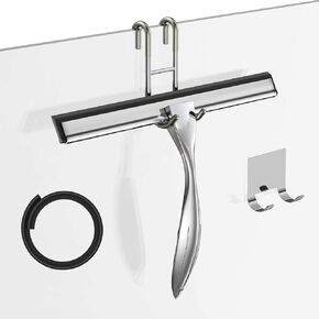 14-Inches Stainless Steel Shower Squeegee Set, Include Shower Door Hook, Adhesive Hook and Spare Silicone Blade, Window Squeegee for Shower Glass Door, Bathroom, Mirror, Window and Car Glass