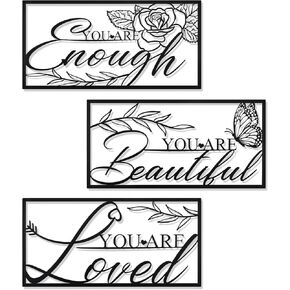 3 Pcs Black Metal Motivational Wall Art Decor, 15.7X 7.9'' Inspirational Office Decor for Woman Girl Positive Quote You are Loved Beautiful Enough Flower Hanging Wall Sign in Kuwait