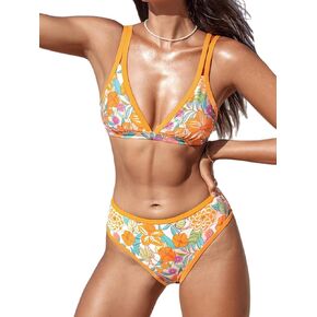 CUPSHE Women's Bikini Sets Two Piece Bathing Suit Plunging Neck Dual Straps Adjustable Mid Rise Bottom