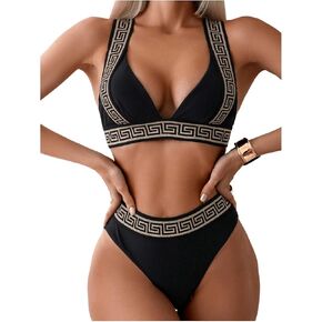 Floerns Women's 2 Piece Bathing Suit Geo Print V Neck High Waisted Bikini Sets