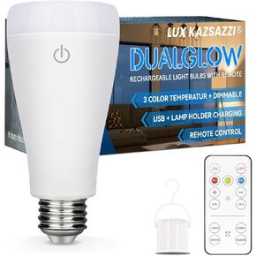 DualGlow Rechargeable Light Bulbs with Remote, Lamp Socket + USB Rechargeable Battery Light Bulb,Up to 50 Hours, 3 Color Temperatures and Dimmable Battery Operated Light Bulb, 2 Pack