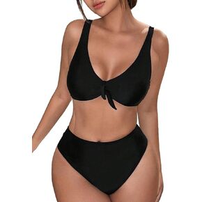 MakeMeChic Women's 2 Piece Bikini Set Swimsuit Knot Front V Neck High Waist Bathing Suits