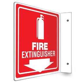 Accuform Fire Extinguisher 90D Projection Sign, 8"x8" High-Impact Plastic with Pre-Drilled Mounting Holes, Made in USA, PSP729