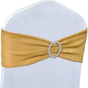 Poise3EHome Tinsel Gold Chair Sashes 10 Pack, Sparkly Stretch Chair Bands with Buckle for Wedding Party Banquet Birthday Decoration