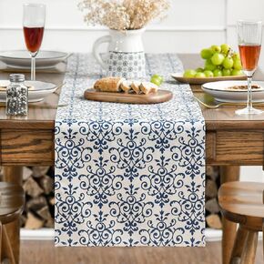 Artoid Mode Retro Floral Toile Textures Chinoiserie Table Runner, Seasonal Vintage Kitchen Dining Table Decoration for Home Party Decor 13x90 Inch