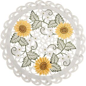 Embroidered Table Topper Doily Table Centerpiece Open Weave Cut Work Sunflower and White Daisy on Ivory 23 Inch Round