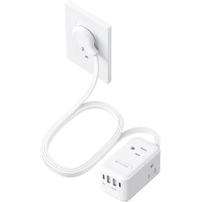 TROND 20W USB C Travel Power Strip - Ultra Thin Flat Plug, Small Extension Cord, 3 Outlets, 4 USB Ports, 3 Side Outlet Extender, 5ft Cord for Nightstand, Dresser, Couch, TV, Cruise Essentials, White