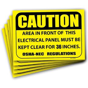 (5 pack) Caution Area in Front of This Electrical Panel Must Be Kept Clear for 36 Inches Sign 7" x 10" self adhesive vinyl sticker decal