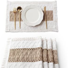 Boho Placemats Set of 6, Macrame Table Decor and Farmhouse Style Placemats Natural Cotton Burlap, for Dining Table