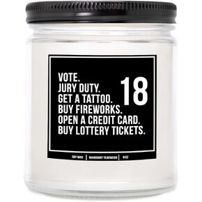 YouNique Designs 18th Birthday Candle 9oz Candle Gifts for 18 Year Old Girl, Boy, Daughter, Son, Male, Him, 18th Birthday Candles Gifts for Turning 18, 18th Birthday Present (Mahogany Teakwood)