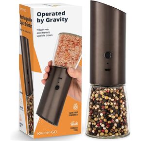 Rechargeable Electric Salt or Pepper Grinder, Automatic Gravity Mill with Adjustable Coarseness, Brushed Stainless Steel, Ceramic Blades and Refillable Glass (Bronze grinder - 1 unit)