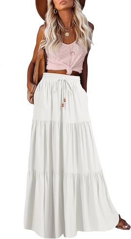 HAEOF Women's Summer Boho Elastic High Waist Maxi Skirt A-Line Flowy Swing Ruffle Tiered Long Beach Skirts with Pockets in Kuwait